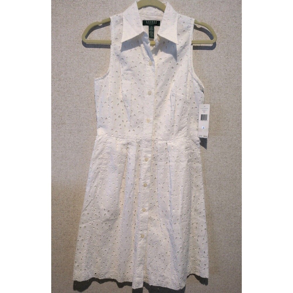 Lauren Ralph Lauren White Collared Sleeveless A-Line Knee Dress Floral Sz 4 NWT
